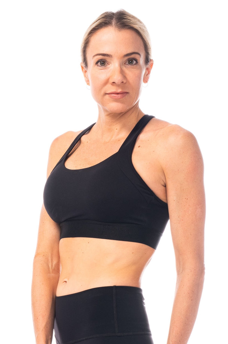 Model wearing the black all sport support high impact bra.