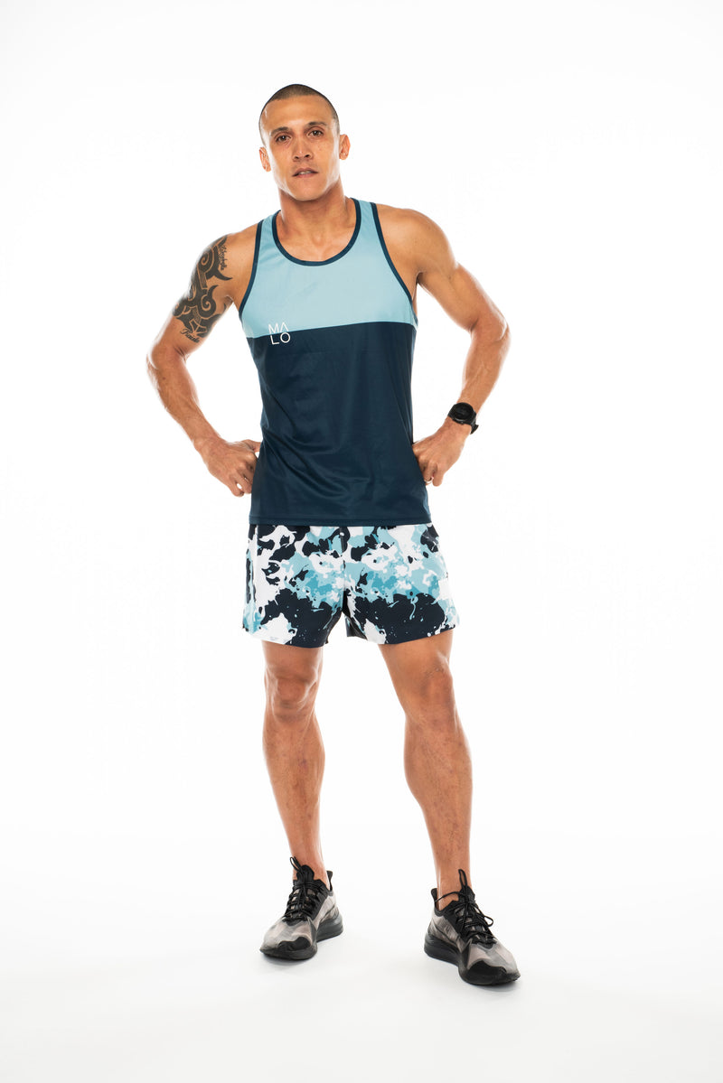 Men's blue tank top. Lightweight performance singlet for running and working out.