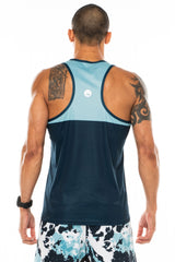 Back view men's blue performance tank top. Lightweight, sleeveless workout top with reflective logo.