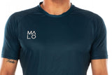 Close view men's blue performance shirt. Workout shirt with 'MALO' logo on right chest.