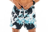 Model tying drawstring of Noosa Run Short. Blue camo running short with comfortable waistline.