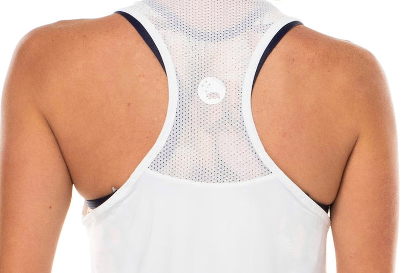 Close back view Endure tank. Breathable women's white tank top with mesh panel.