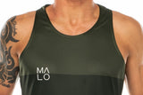 Close view men's green performance tank top. Workout singlet with 'MALO' logo on right chest.
