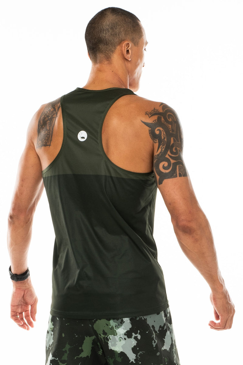Back view men's green performance tank top. Lightweight, sleeveless workout top with reflective logo.
