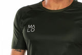 Close view men's green performance shirt. Workout shirt with 'MALO' logo on right chest.