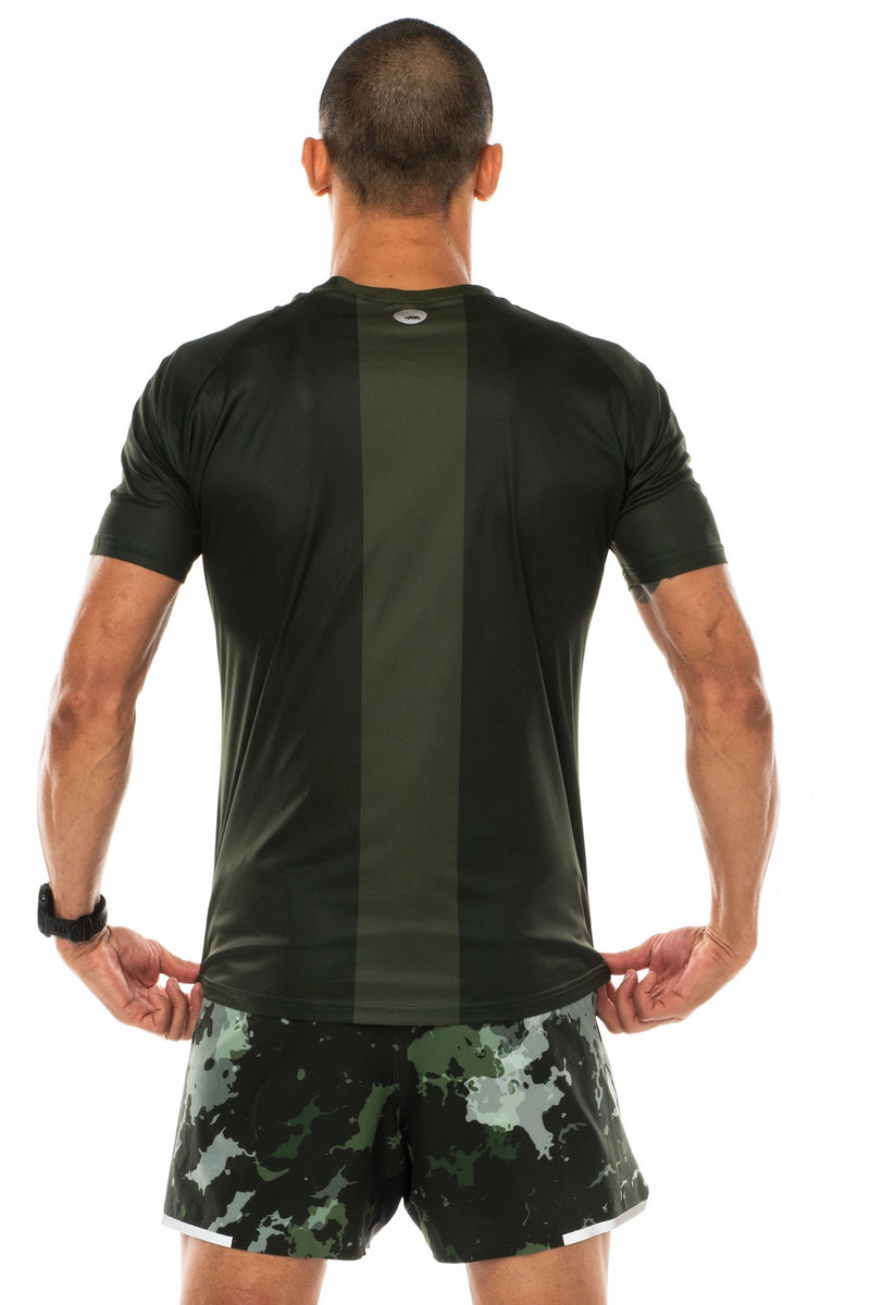 Back view men's green short sleeve workout shirt. Lightweight running shirt with reflective logo and vertical light green stripe.