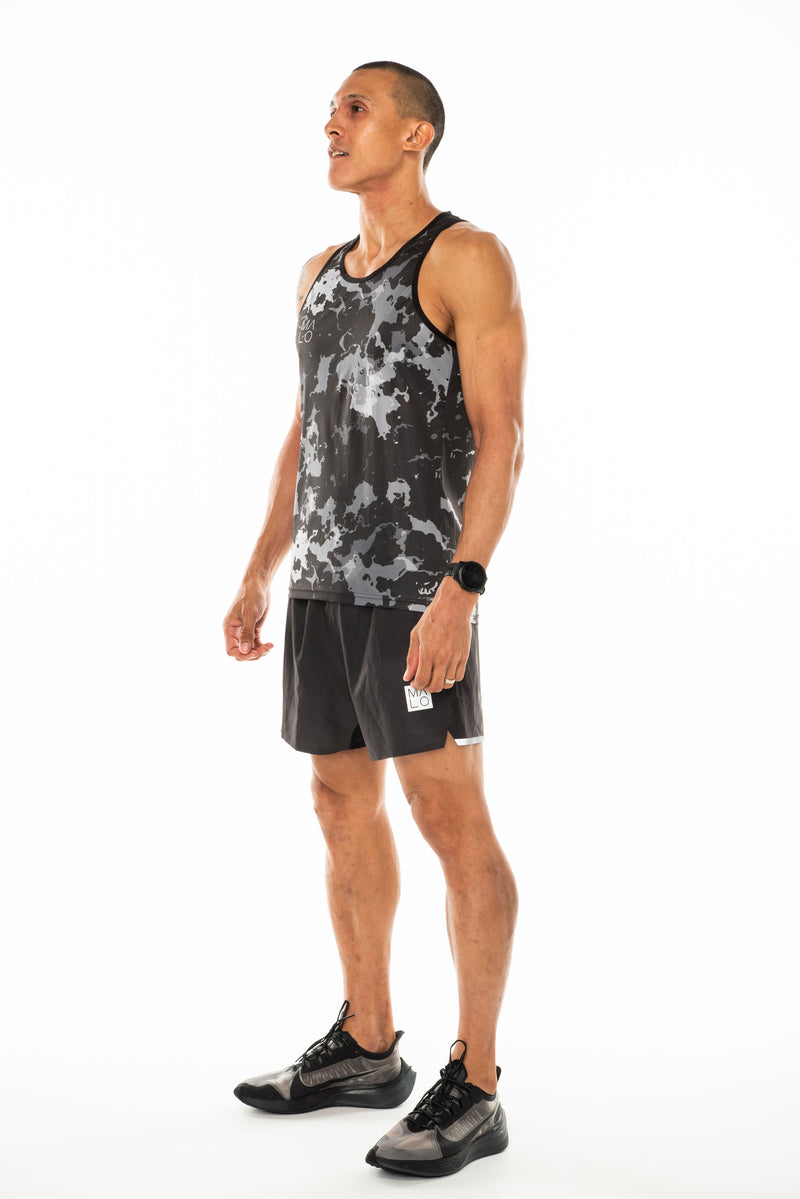 Left view men's grey camo tank top. Lightweight performance singlet for running and working out.
