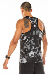 Back view men's grey performance tank top. Lightweight, sleeveless workout top with reflective logo.