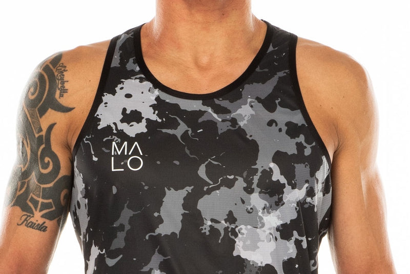 Close view men's camo performance tank top. Workout singlet with 'MALO' logo on right chest.