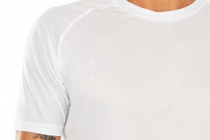 Close view men's white performance shirt. Workout shirt with 'MALO' logo on right chest.