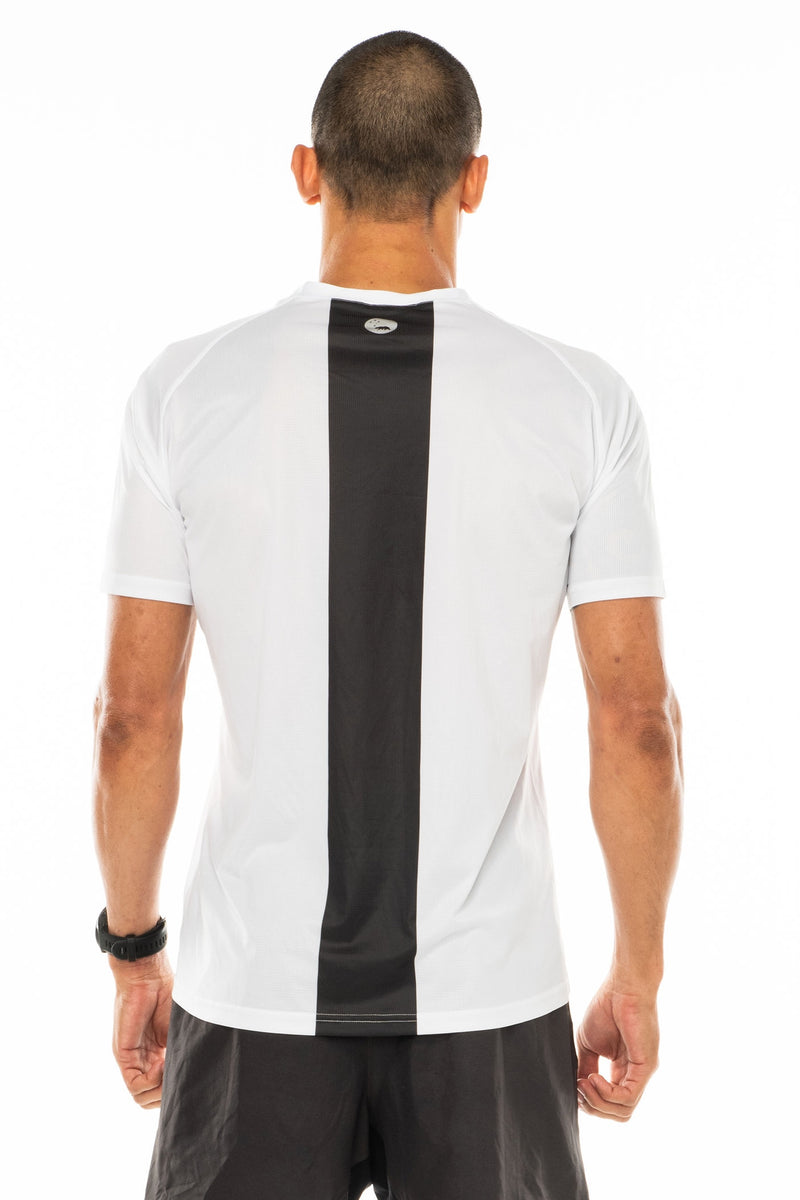 Back view men's white short sleeve workout shirt. Lightweight running shirt with reflective logo and vertical grey stripe.