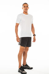 Right view men's white performance tee. Lightweight and moisture-wicking running and workout t-shirt.