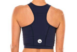 Back view women's Navy Core Crop. Navy form-fitting athletic top with reflective logo.