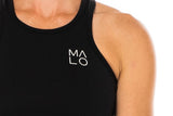 Close view women's Core Crop. Black crop top with white 'MALO' logo on left chest.