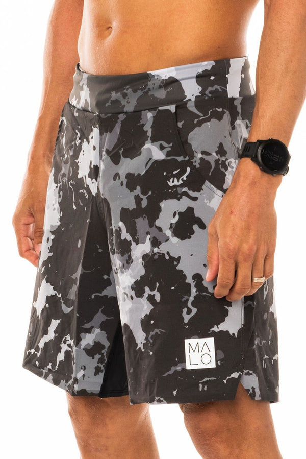 Men's Slate Camo Arvo Shorts. Grey camo print shorts with 9.5 inseam. Unlined workout shorts.