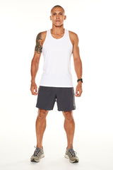 Model wearing charcoal Rep shorts. Men's grey athleisure shorts.