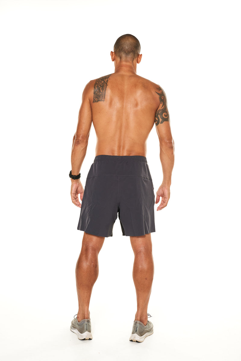Back view of men's charcoal Rep Shorts. Gym shorts with a 7" inseam and liner.