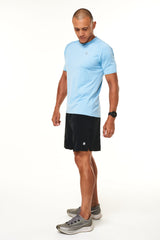 Left view of black Rep Shorts. Men's workout shorts with a 7" inseam.