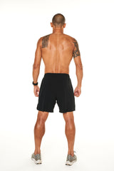 Back view of men's black Rep Shorts. Gym shorts with a 7" inseam and liner.