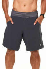 Men's Charcoal Arvo Shorts. Unlined workout shorts with 9.5" inseam and pockets