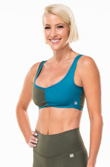 Women's EcoActive reversible bralette - Seagrass/tidepool/panther. Blue and green sports bra.