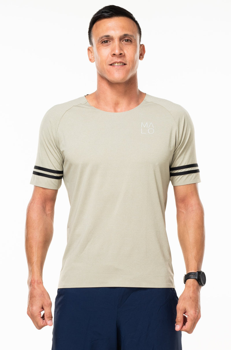 Men's Spectrum Tee - Sand/Black. Tan t-shirt for running and working out. Workout top with black stripes on sleeves.