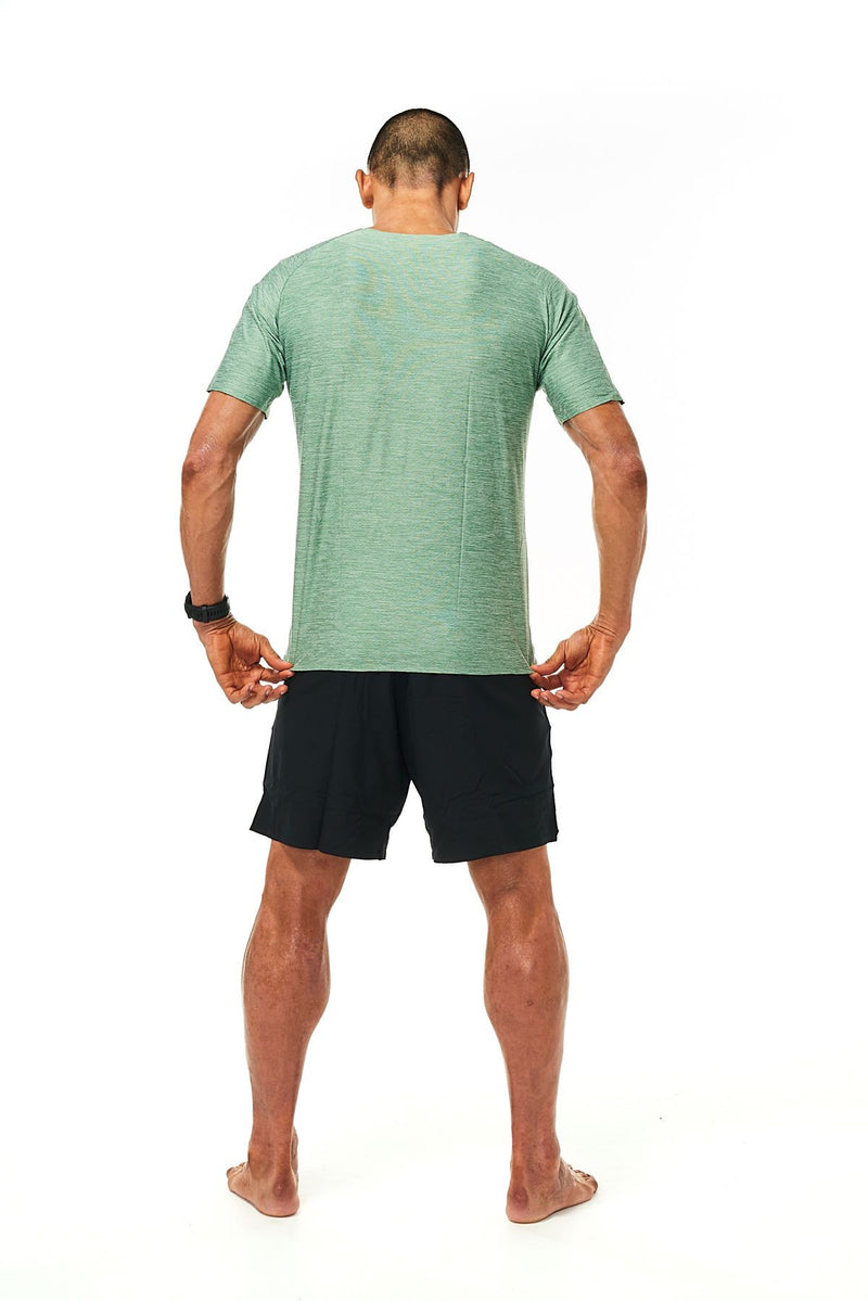 Back view of Men's Cool It Tee. Green sweat-wicking running shirt. Workout shirt with ventilation.