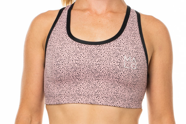Baby Cheetah Racergirl Bra. Pink animal print sports bra that is quick-drying and comfortable.