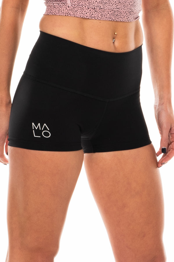 Right view Women's Black PR Shorts. Black short shorts for running, yoga, gym, and casual wear.