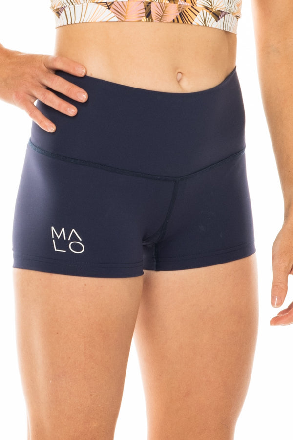 Right view Women's Navy PR Shorts. Blue short shorts for running, yoga, gym, and casual wear.