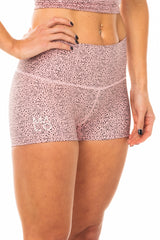 Right view Women's Baby Cheetah PR Shorts. Pink cheetah print short shorts for running, yoga, gym, and casual wear.