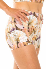 Right view Women's Golden Hour PR Shorts. Gold short shorts for running, yoga, gym, and casual wear.