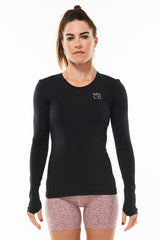 Women's Endure Long Sleeve Shirt. Black performance tee. Running shirt with thumb holes.