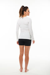 Back view Endure Long Sleeve. Women's white running shirt. Reflective logo for safety.
