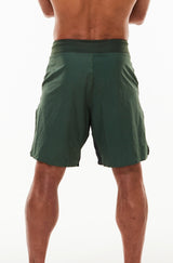 Back view of Arvo Shorts. Above the knee green workout shorts. Green athleisure shorts.