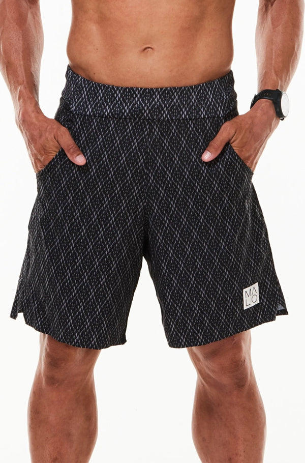 Men's Black Motif Arvo Shorts. Black and grey diamond print shorts with 9.5 inseam. Unlined workout shorts.