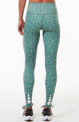 Back view Hi Rise Luxe Leggings. Green Yoga pants with daisy print.
